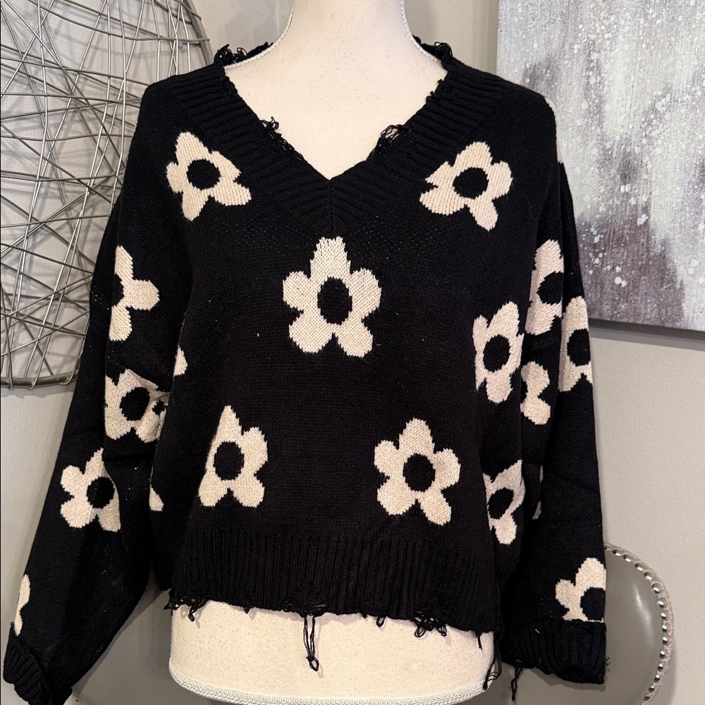 Black Floral V-Neck Sweater - Soft Knit Women’s Pullover